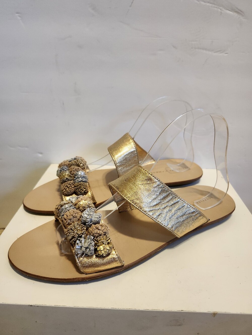 Loeffler Randall "Clem" Metallic Gold Leather Pom Pom Slide Sandals Sz.10 $275